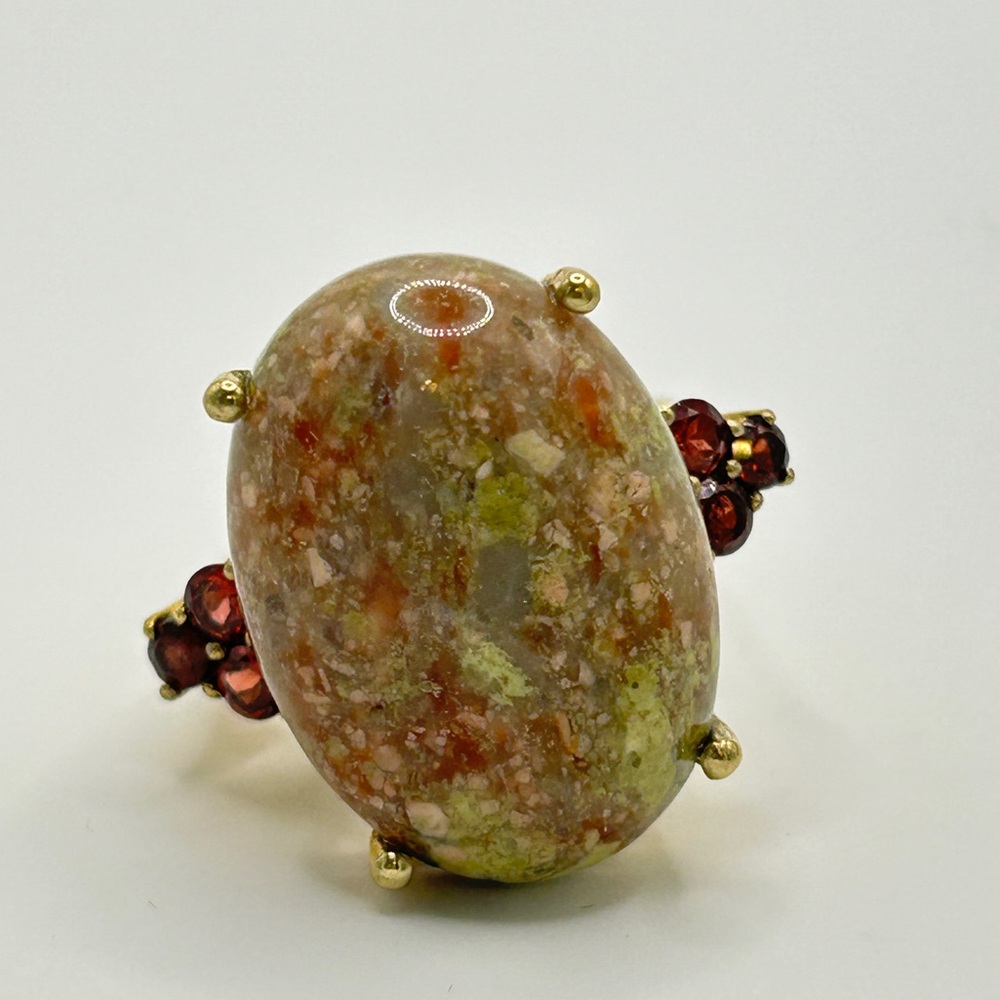 Unakite and Garnet Ring; Size 8.75; GdB